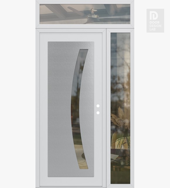 Modern Steel Front Door Diamond C4 52" x 96" white/white clear Glass Panel stainless steel LHI with Sidelite and Transom clear Glass