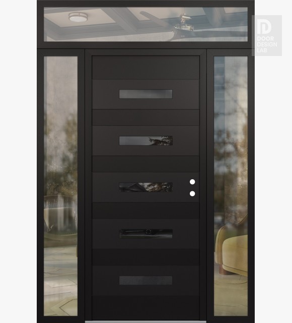 Modern Steel Front Door Diamond D9 68" x 96" black/black mirrored Glass Panel black LHI with 2 Sidelites and Transom clear Glass
