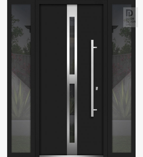Front Exterior Prehung Steel Door / Deux 1755 Black Enamel / 2 Side Exterior Windows / Stainless Inserts Single Modern Painted-W16+36+16" x H80"-Left-hand Inswing