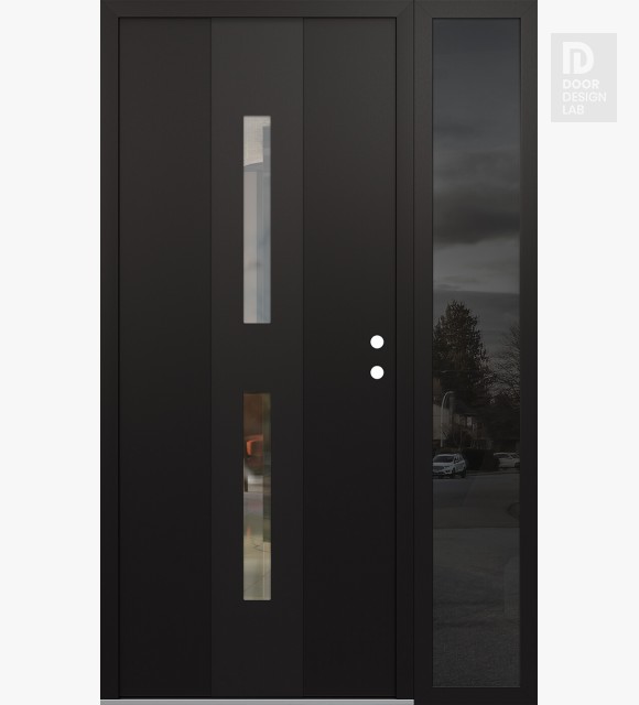 Modern Steel Front Door DIAMOND A6 48" X 80" BLACK/BLACK CLEAR GLASS PANEL BLACK LHI WITH SIDELITE MIRRORED GLASS