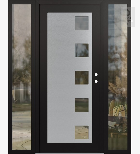 Modern Steel Front Door Diamond C5 60" x 80" black/black clear Glass Panel stainless steel LHI with 2 Sidelites clear Glass