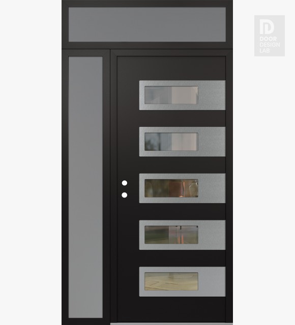 Modern Steel Front Door Diamond D3 48" x 96" black/black clear Glass Panel stainless steel RHI with Sidelite and Transom frosted Glass