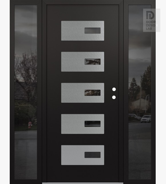 Modern Steel Front Door Diamond D7 60" x 80" black/black mirrored Glass Panel stainless steel LHI with 2 Sidelites mirrored Glass