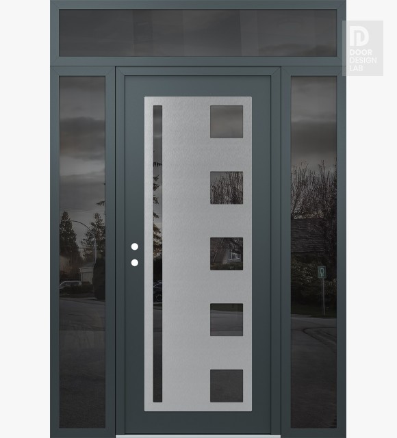 Modern Steel Front Door Diamond C3 60" x 96" anthracite/anthracite mirrored Glass Panel stainless steel RHI with 2 Sidelites and Transom mirrored Glass
