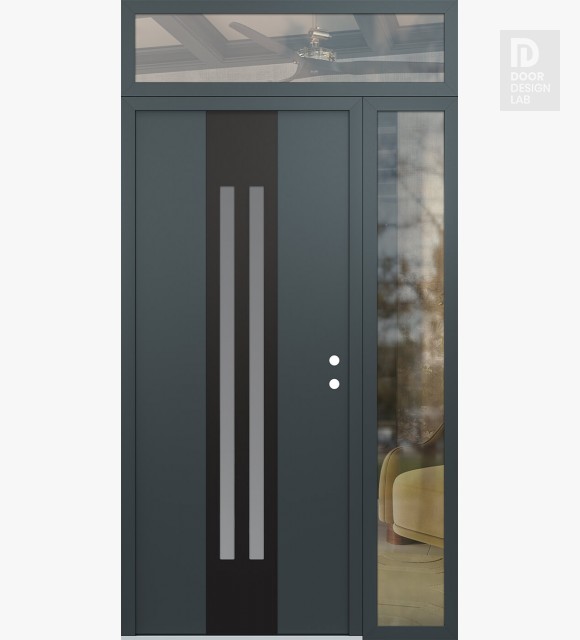 Modern Steel Front Door DIAMOND A8 48" X 96" ANTHRACITE/ANTHRACITE FROSTED GLASS PANEL BLACK LHI WITH SIDELITE AND TRANSOM CLEAR GLASS