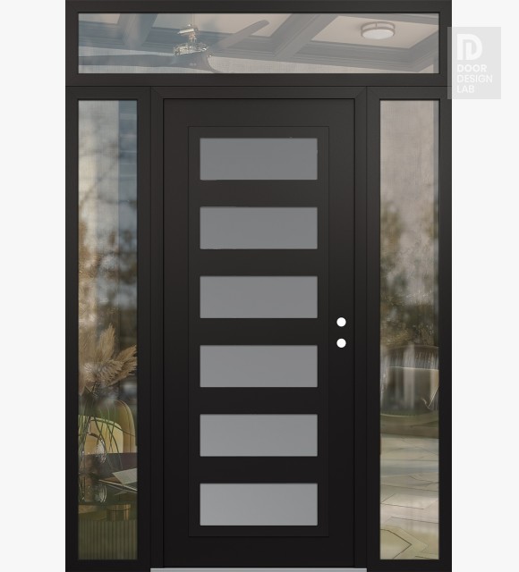 Modern Steel Front Door Diamond C9 64" x 96" black/white frosted Glass Panel black LHI with 2 Sidelites and Transom clear Glass