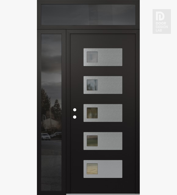 Modern Steel Front Door Diamond D2 48" x 96" black/black clear Glass Panel stainless steel RHI with Sidelite and Transom mirrored Glass