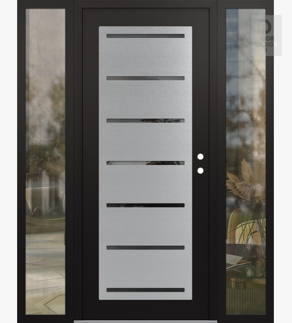 Modern Steel Front Door Diamond C11 68" x 80" black/black mirrored Glass Panel stainless steel LHI with 2 Sidelites clear Glass