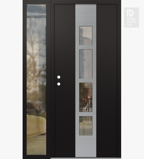 Modern Steel Front Door DIAMOND A10 48" X 80" BLACK/BLACK CLEAR GLASS PANEL STAINLESS STEEL RHI WITH SIDELITE CLEAR GLASS