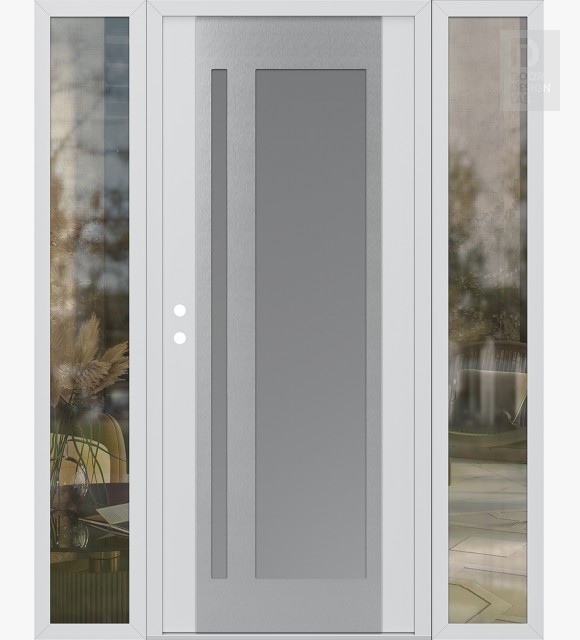 Modern Steel Front Door Diamond C15 68" x 80" white/white frosted Glass Panel stainless steel RHI with 2 Sidelites clear Glass