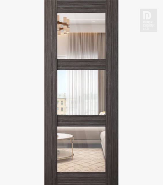 DOOR SLAB PALLADIO 3 LITE CLEAR VETRO GRAY OAK 28" X 80" X 1 9/16" TEMPERED CLEAR GLASS