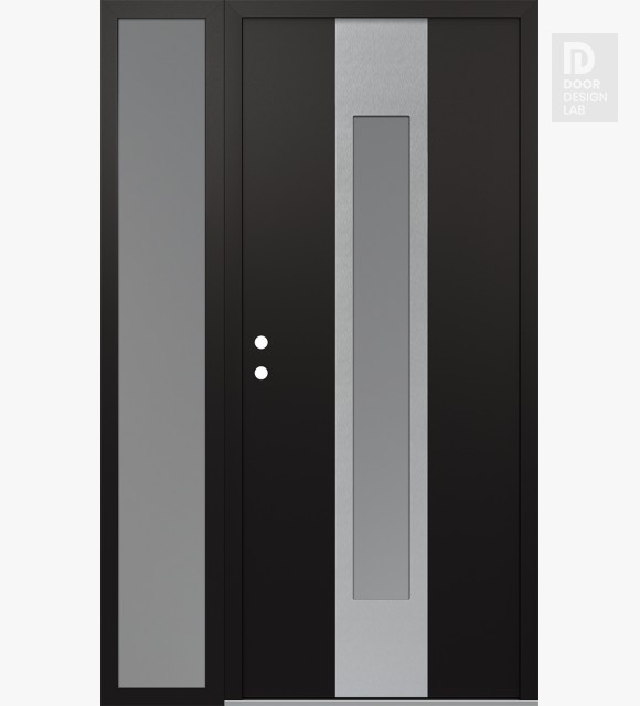 Modern Steel Front Door DIAMOND A1 50" X 80" BLACK/WHITE FROSTED GLASS PANEL STAINLESS STEEL RHI WITH SIDELITE FROSTED GLASS