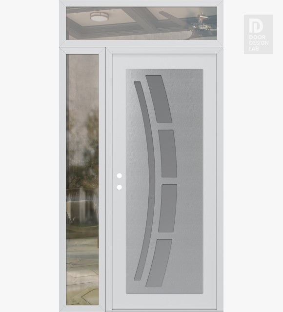 Modern Steel Front Door Diamond C12 50" x 96" white/white frosted Glass Panel stainless steel RHI with Sidelite and Transom clear Glass