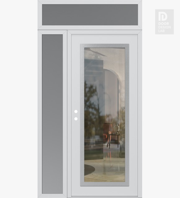 Modern Steel Front Door Diamond C1 52" x 96" white/white clear Glass Panel stainless steel RHI with Sidelite and Transom frosted Glass