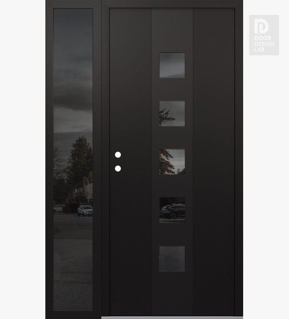 Modern Steel Front Door DIAMOND A13 52" X 80" BLACK/BLACK MIRRORED GLASS PANEL BLACK RHI WITH SIDELITE MIRRORED GLASS