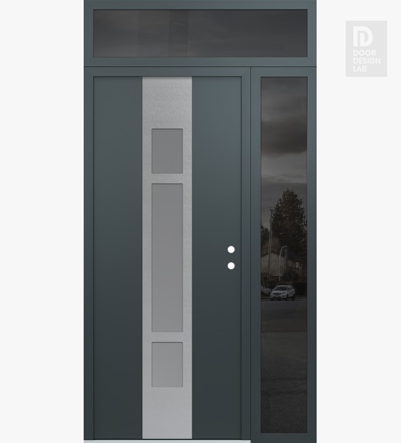 Modern Steel Front Door DIAMOND A9 52" X 96" ANTHRACITE/ANTHRACITE FROSTED GLASS PANEL STAINLESS STEEL LHI WITH SIDELITE AND TRANSOM MIRRORED GLASS