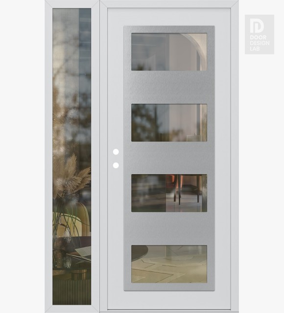 Modern Steel Front Door Diamond C2 52" x 80" white/white clear Glass Panel stainless steel RHI with Sidelite clear Glass