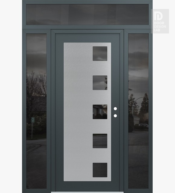 Modern Steel Front Door Diamond C5 64" x 96" anthracite/anthracite mirrored Glass Panel stainless steel LHI with 2 Sidelites and Transom mirrored Glass
