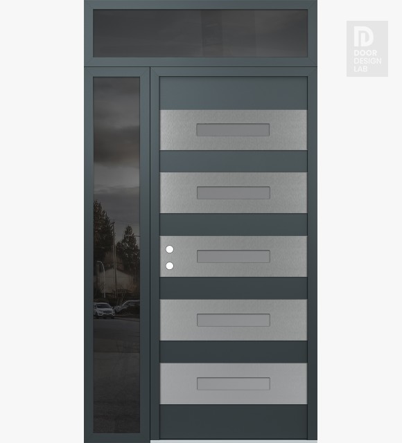 Modern Steel Front Door Diamond D9 52" x 96" anthracite/anthracite frosted Glass Panel stainless steel RHI with Sidelite and Transom mirrored Glass