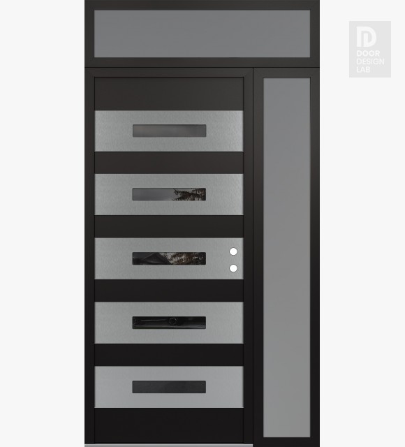 Modern Steel Front Door Diamond D9 50" x 96" black/black mirrored Glass Panel stainless steel LHI with Sidelite and Transom frosted Glass