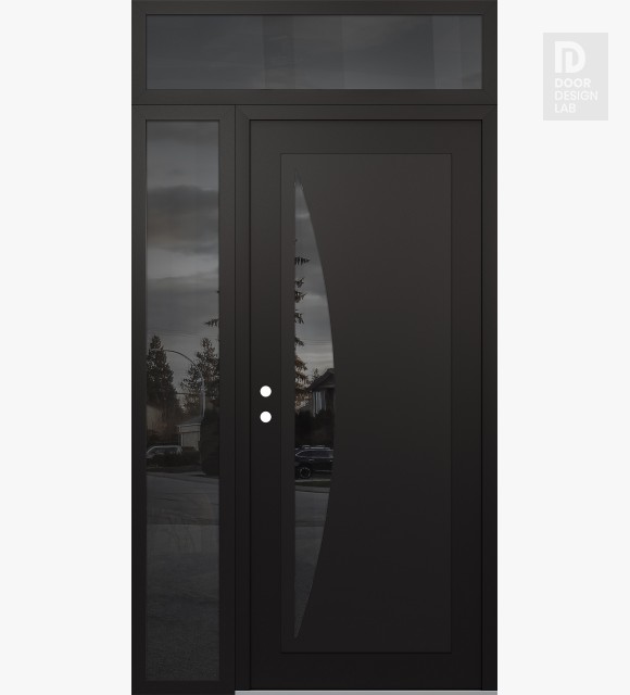Modern Steel Front Door Diamond C13 50" x 96" black/black mirrored Glass Panel black RHI with Sidelite and Transom mirrored Glass
