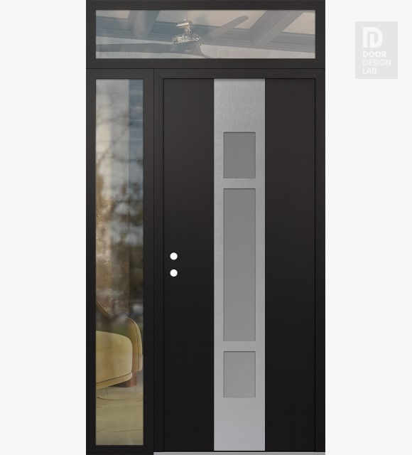 Modern Steel Front Door DIAMOND A9 50" X 96" BLACK/WHITE FROSTED GLASS PANEL STAINLESS STEEL RHI WITH SIDELITE AND TRANSOM CLEAR GLASS