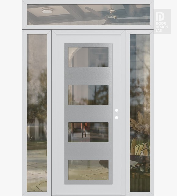 Modern Steel Front Door Diamond C2 68" x 96" white/white clear Glass Panel stainless steel LHI with 2 Sidelites and Transom clear Glass