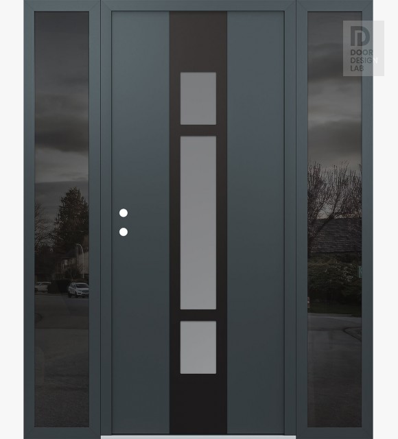 Modern Steel Front Door DIAMOND A9 68" X 80" ANTHRACITE/ANTHRACITE FROSTED GLASS PANEL BLACK RHI WITH 2 SIDELITES MIRRORED GLASS