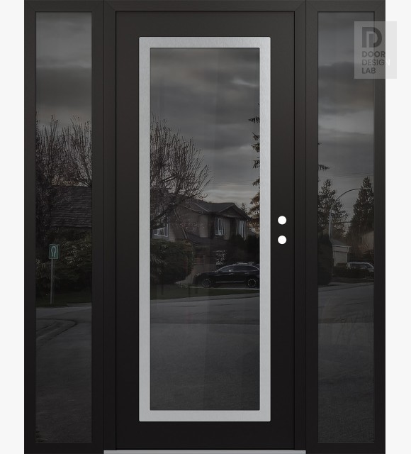 Modern Steel Front Door Diamond C1 68" x 80" black/black mirrored Glass Panel stainless steel LHI with 2 Sidelites mirrored Glass