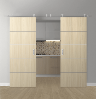 DOUBLE BARN DOOR OPTIMA 4H LOIRE ASH 36" X 80" X 1 3/4" SOLID CORE STAINLESS STEEL HARDWARE