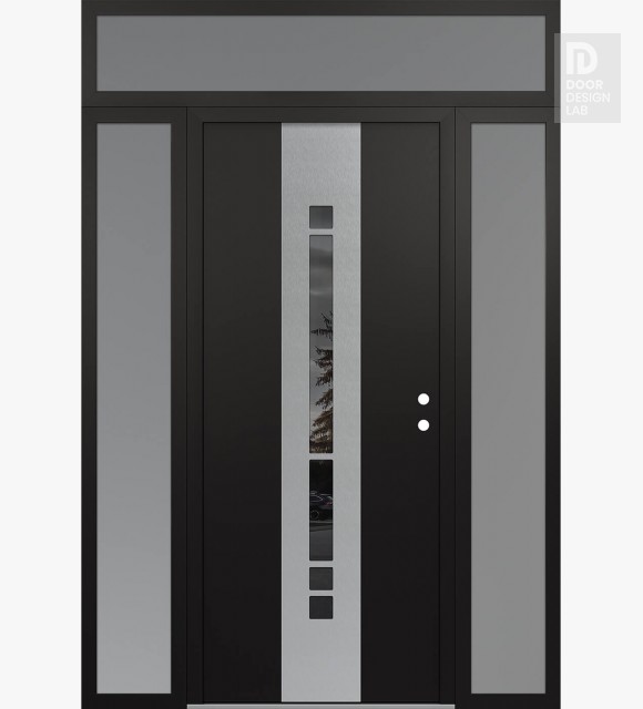 Modern Steel Front Door DIAMOND A3 60" X 96" BLACK/BLACK MIRRORED GLASS PANEL STAINLESS STEEL LHI WITH 2 SIDELITES AND TRANSOM FROSTED GLASS