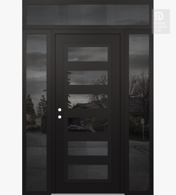 Modern Steel Front Door Diamond C9 60" x 96" black/black mirrored Glass Panel black RHI with 2 Sidelites and Transom mirrored Glass