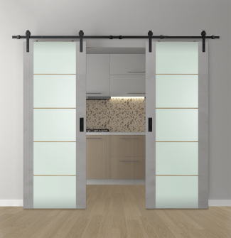 DOUBLE BARN DOOR AVON 202 4H GOLD STRIPS VETRO LIGHT URBAN 72" X 96" X 1 3/4" BLACK HARDWARE