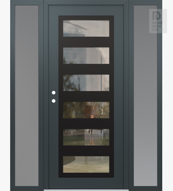 Modern Steel Front Door Diamond C9 64" x 80" anthracite/anthracite clear Glass Panel black RHI with 2 Sidelites frosted Glass