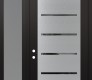 Modern Steel Front Door Diamond C11 50" x 96" black/black mirrored Glass Panel stainless steel RHI with Sidelite and Transom frosted Glass