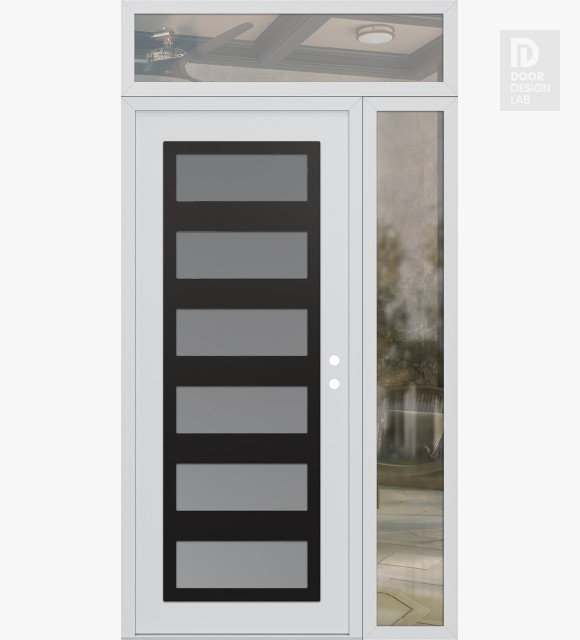 Modern Steel Front Door Diamond C9 50" x 96" white/white frosted Glass Panel black LHI with Sidelite and Transom clear Glass