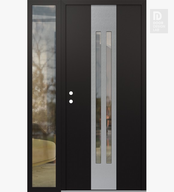 Modern Steel Front Door DIAMOND A8 50" X 80" BLACK/BLACK CLEAR GLASS PANEL STAINLESS STEEL RHI WITH SIDELITE CLEAR GLASS