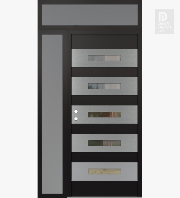 Modern Steel Front Door Diamond D9 52" x 96" black/black clear Glass Panel stainless steel RHI with Sidelite and Transom frosted Glass