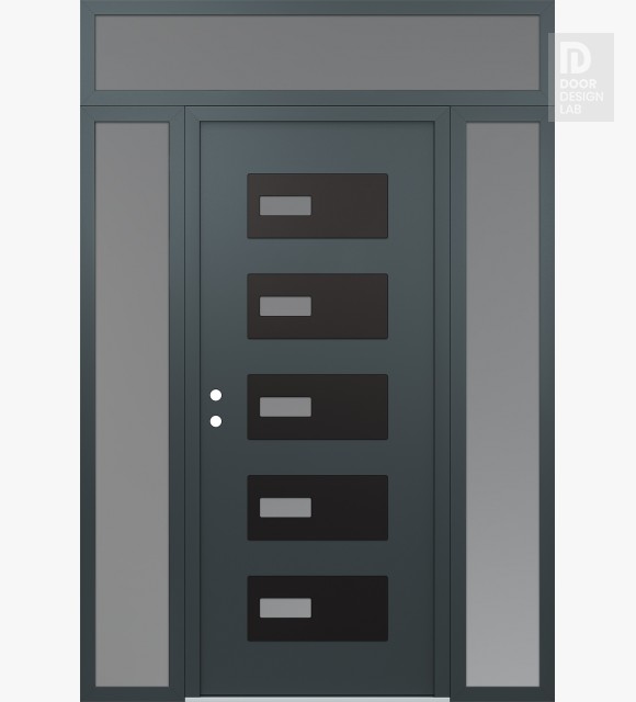 Modern Steel Front Door Diamond D7 64" x 96" anthracite/anthracite frosted Glass Panel black RHI with 2 Sidelites and Transom frosted Glass