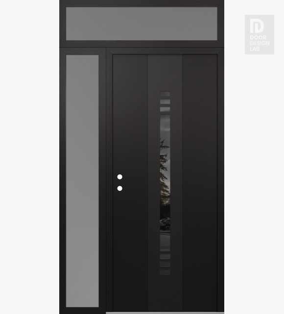 Modern Steel Front Door DIAMOND A5 48" X 96" BLACK/BLACK MIRRORED GLASS PANEL BLACK RHI WITH SIDELITE AND TRANSOM FROSTED GLASS
