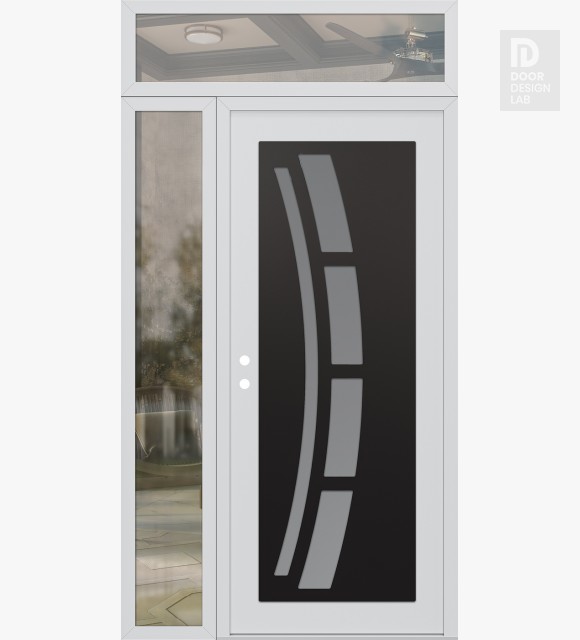 Modern Steel Front Door Diamond C12 48" x 96" white/white frosted Glass Panel black RHI with Sidelite and Transom clear Glass