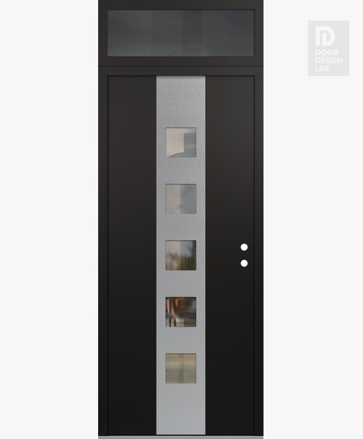 Modern Steel Front Door DIAMOND A13 36" X 96" BLACK/BLACK CLEAR GLASS PANEL STAINLESS STEEL LHI WITH TRANSOM MIRRORED GLASS