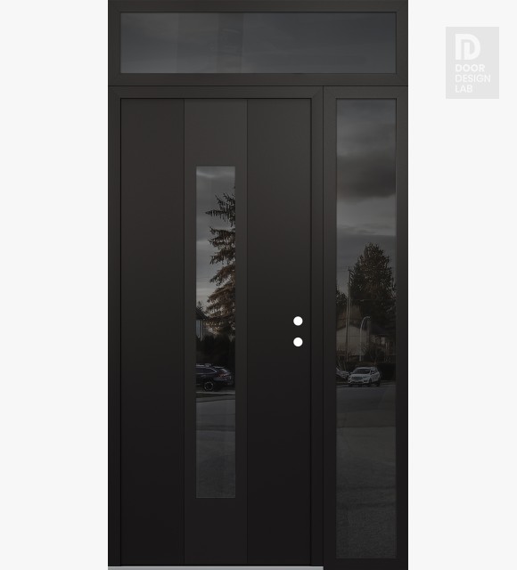 Modern Steel Front Door DIAMOND A1 50" X 96" BLACK/BLACK MIRRORED GLASS PANEL BLACK LHI WITH SIDELITE AND TRANSOM MIRRORED GLASS