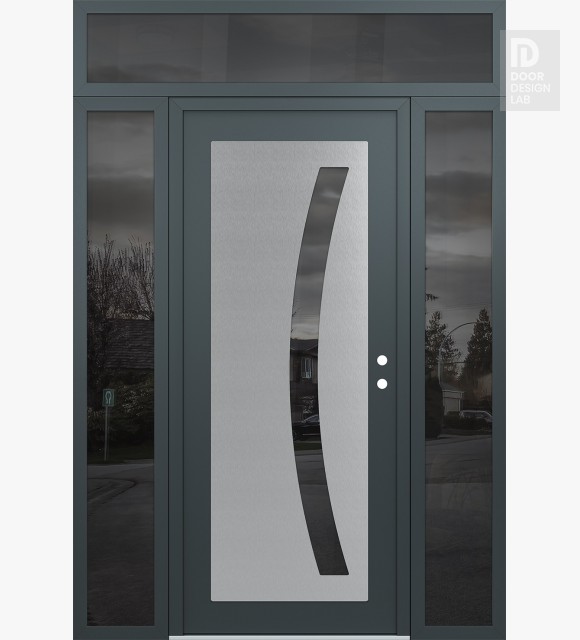 Modern Steel Front Door Diamond C4 64" x 96" anthracite/anthracite mirrored Glass Panel stainless steel LHI with 2 Sidelites and Transom mirrored Glass