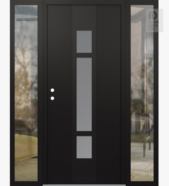 Modern Steel Front Door DIAMOND A9 60" X 80" BLACK/WHITE FROSTED GLASS PANEL BLACK RHI WITH 2 SIDELITES CLEAR GLASS