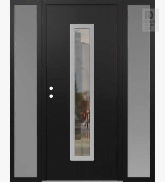 Modern Steel Front Door DIAMOND A11 68" X 80" BLACK/BLACK CLEAR GLASS PANEL STAINLESS STEEL RHI WITH 2 SIDELITES FROSTED GLASS
