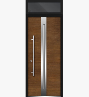 36 in x 96 in Front Exterior Prehung Steel Door / Deux 1744 Natural Oak / Top Exterior Black Window / Stainless Inserts Single Modern Painted-Right-hand Inswing