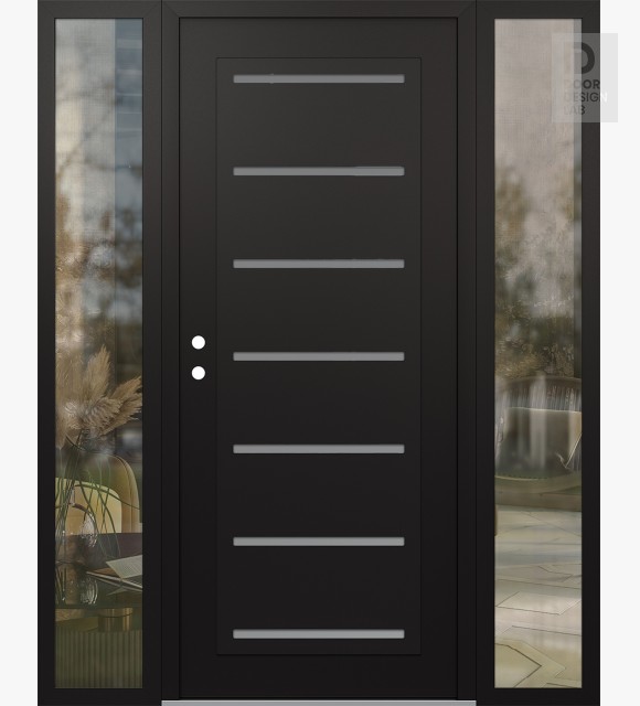 Modern Steel Front Door Diamond C11 64" x 80" black/white frosted Glass Panel black RHI with 2 Sidelites clear Glass