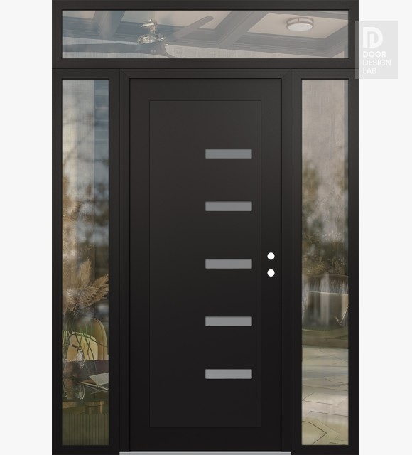 Modern Steel Front Door Diamond C8 68" x 96" black/white frosted Glass Panel black LHI with 2 Sidelites and Transom clear Glass