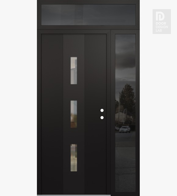 Modern Steel Front Door DIAMOND A7 50" X 96" BLACK/BLACK CLEAR GLASS PANEL BLACK LHI WITH SIDELITE AND TRANSOM MIRRORED GLASS